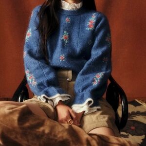 Sezane Mathieu Jumper - Sézane X Baziszt Jacquard With Blue Background - Size S